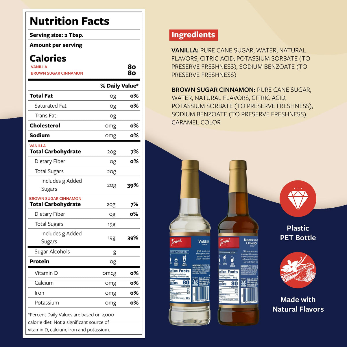 Torani Brown Sugar Cinnamon & Vanilla Syrups 2-Pack with Pumps – 25.4 Fl Oz Each