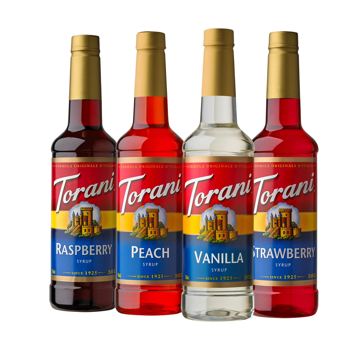 Torani Soda Shop Variety Pack Syrup – Raspberry, Peach, Vanilla & Strawberry (4x25.4 oz)