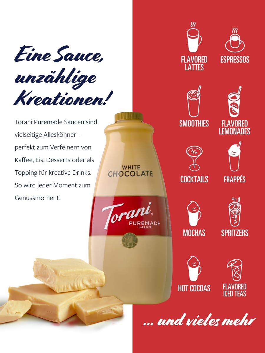 Torani White Chocolate Sauce 64 oz – Premium Flavor for Coffee, Desserts & More