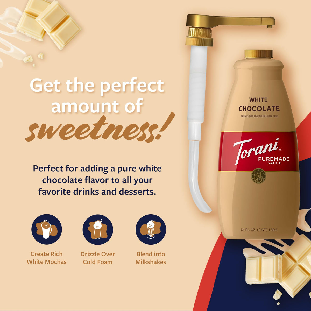 Torani Puremade White Chocolate Sauce – 64 oz (4 lb) with Pump