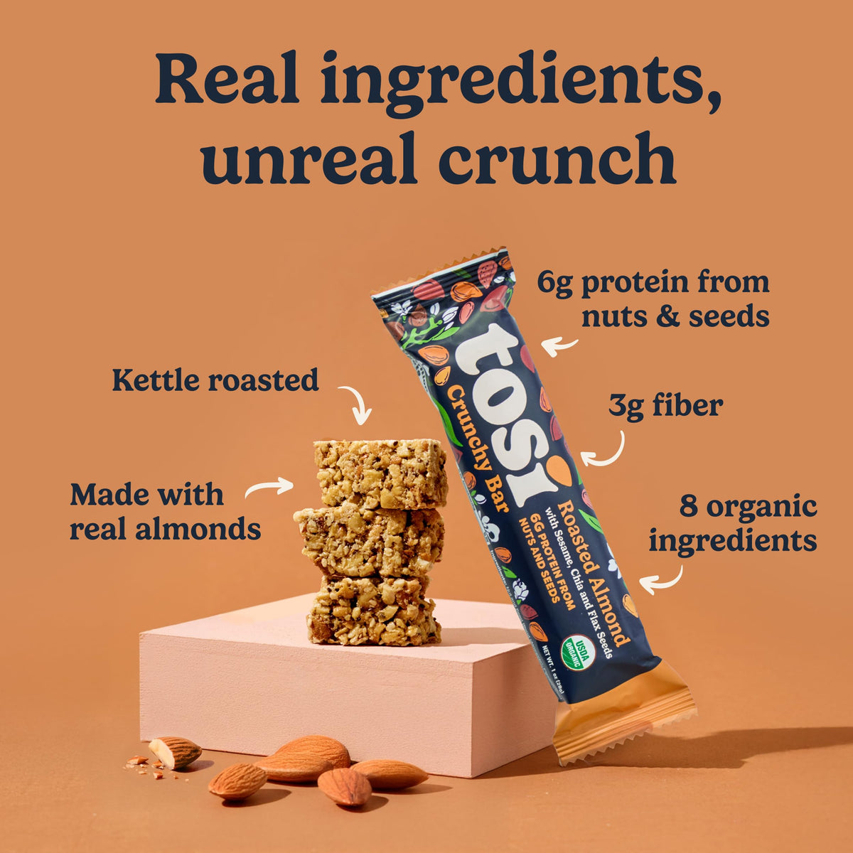 Tosi Almond Nut Bars – Organic Plant-Based Snack (1oz) | 5g Protein, Gluten & Soy Free, 12-Pack