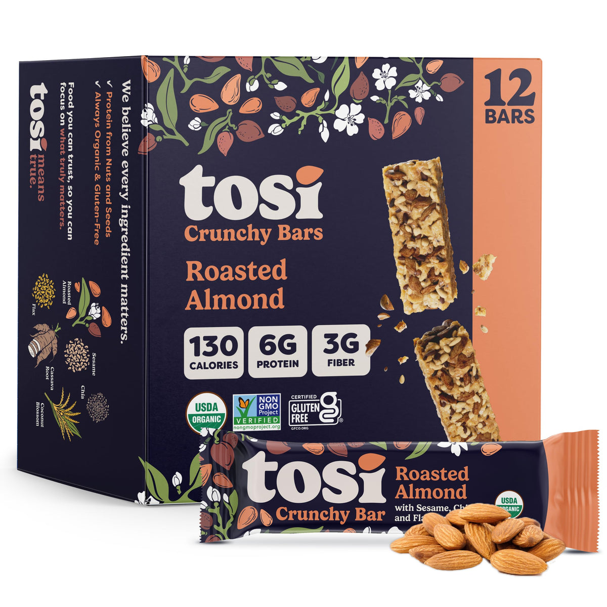 Tosi Almond Nut Bars – Organic Plant-Based Snack (1oz) | 5g Protein, Gluten & Soy Free, 12-Pack
