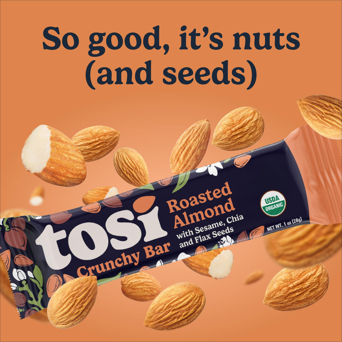 Tosi Almond Nut Bars – Organic Plant-Based Snack (1oz) | 5g Protein, Gluten & Soy Free, 12-Pack