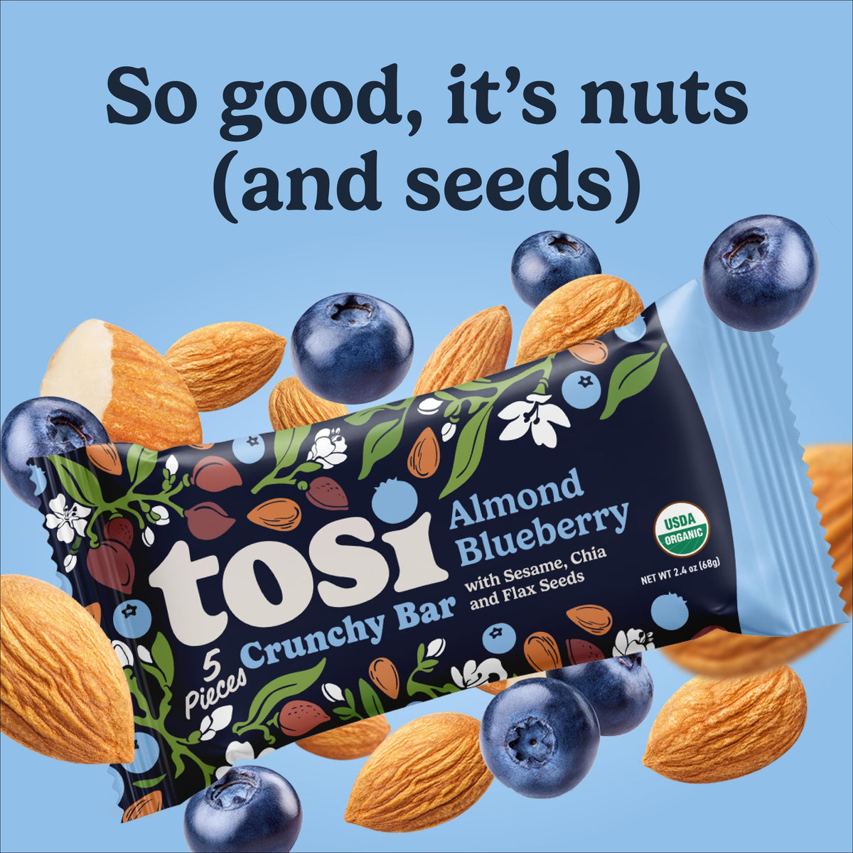 Tosi Meal Nut Bars – Almond Blueberry, Plant-Based Protein Bar, Vegan, Gluten & Soy Free, 2.4oz, 12-Pack
