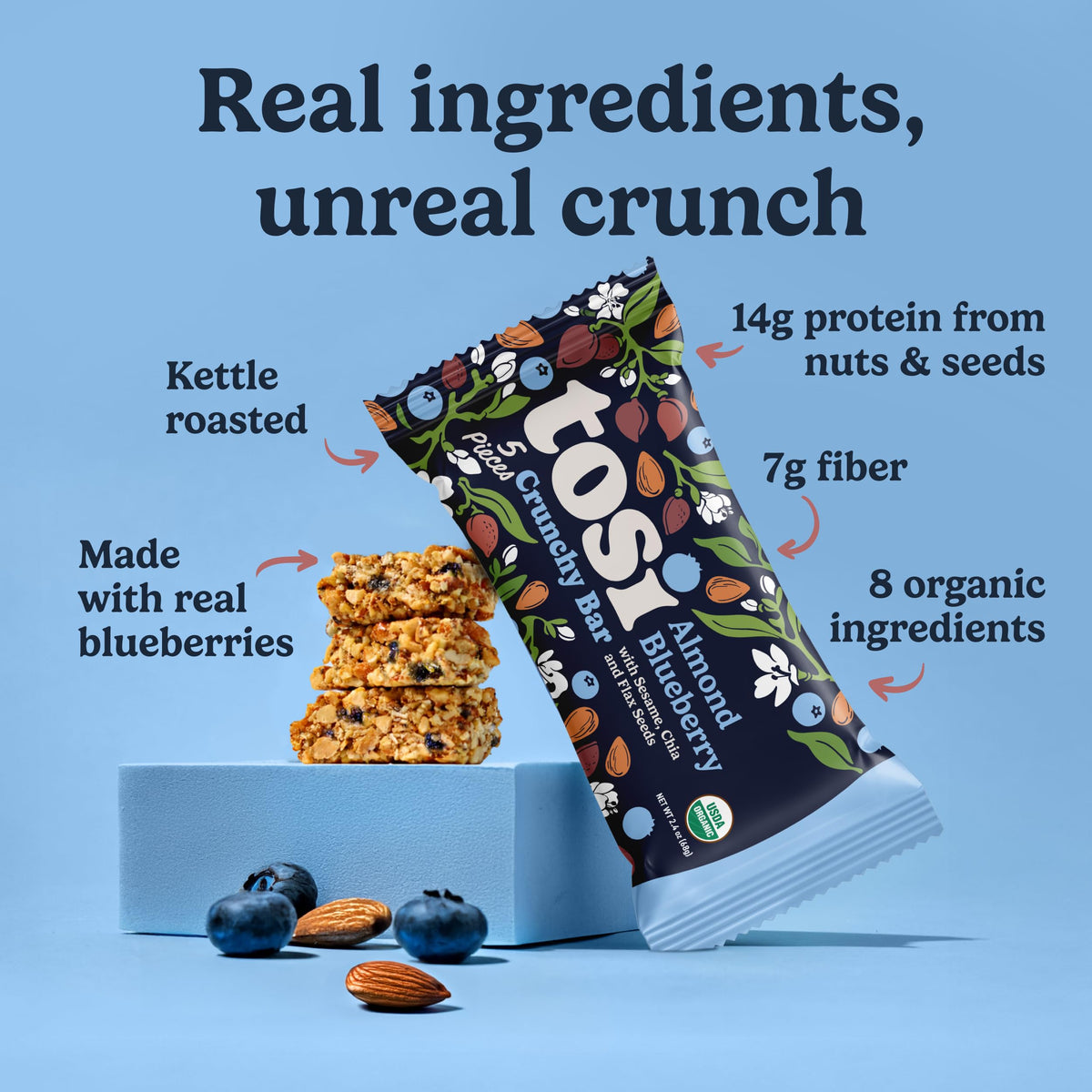 Tosi Meal Nut Bars – Almond Blueberry, Plant-Based Protein Bar, Vegan, Gluten & Soy Free, 2.4oz, 12-Pack