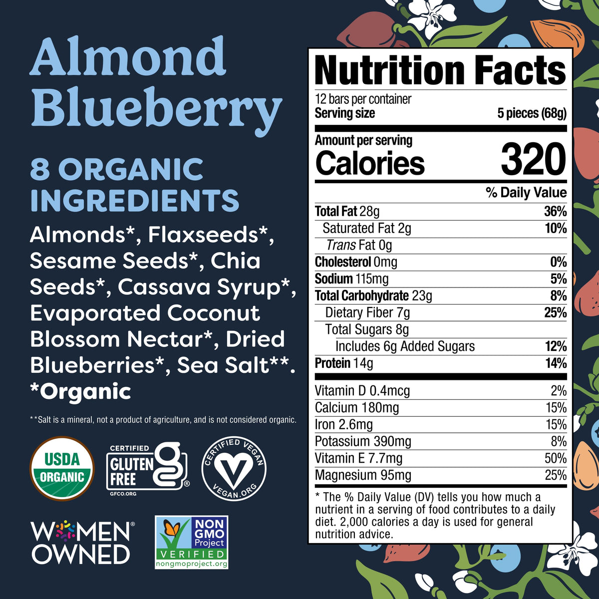 Tosi Meal Nut Bars – Almond Blueberry, Plant-Based Protein Bar, Vegan, Gluten & Soy Free, 2.4oz, 12-Pack