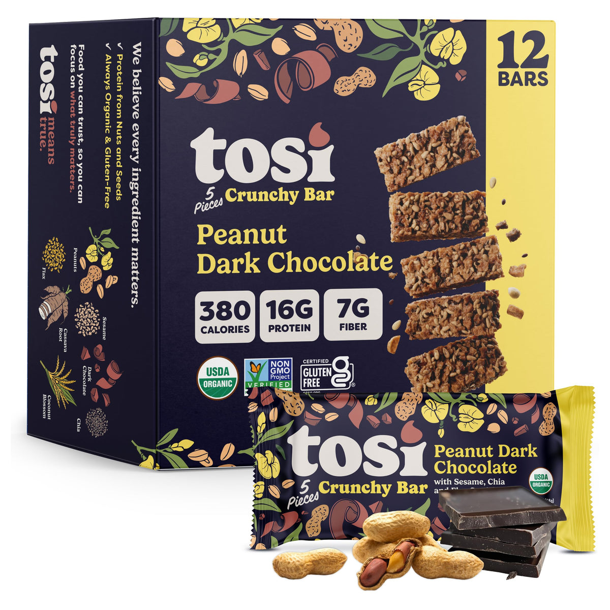 Tosi Meal Nut Bars - Peanut Dark Chocolate | 16g Plant-Based Protein, Vegan, Gluten & Soy Free, Low Sugar, 2.4oz, 12-Pack