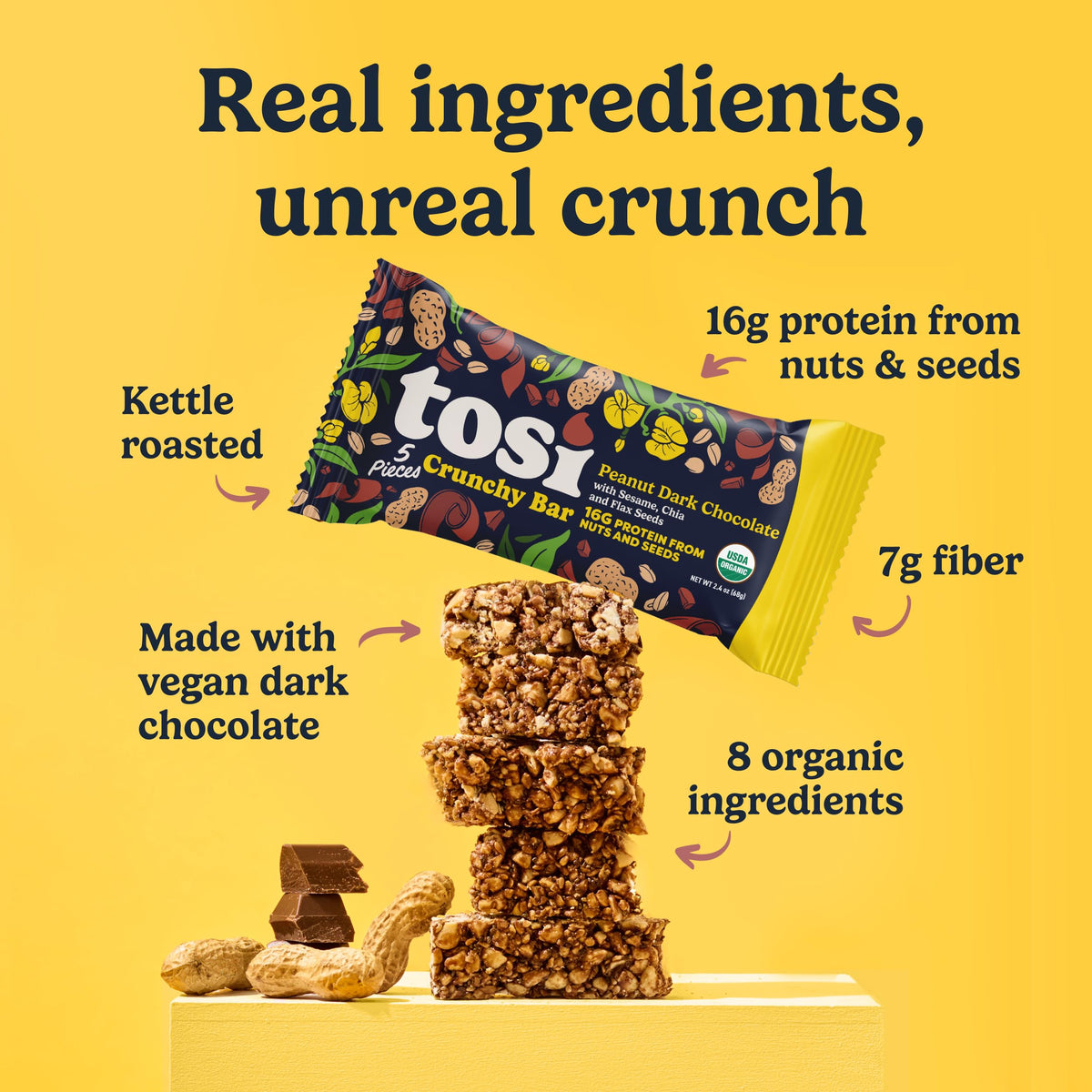 Tosi Meal Nut Bars - Peanut Dark Chocolate | 16g Plant-Based Protein, Vegan, Gluten & Soy Free, Low Sugar, 2.4oz, 12-Pack