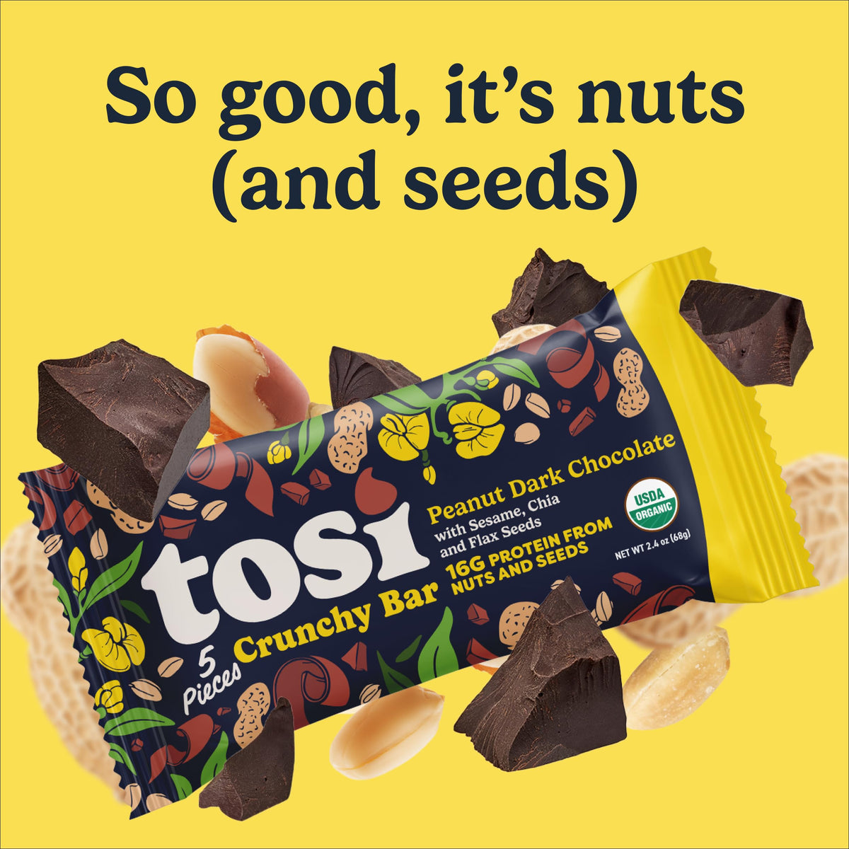 Tosi Meal Nut Bars - Peanut Dark Chocolate | 16g Plant-Based Protein, Vegan, Gluten & Soy Free, Low Sugar, 2.4oz, 12-Pack