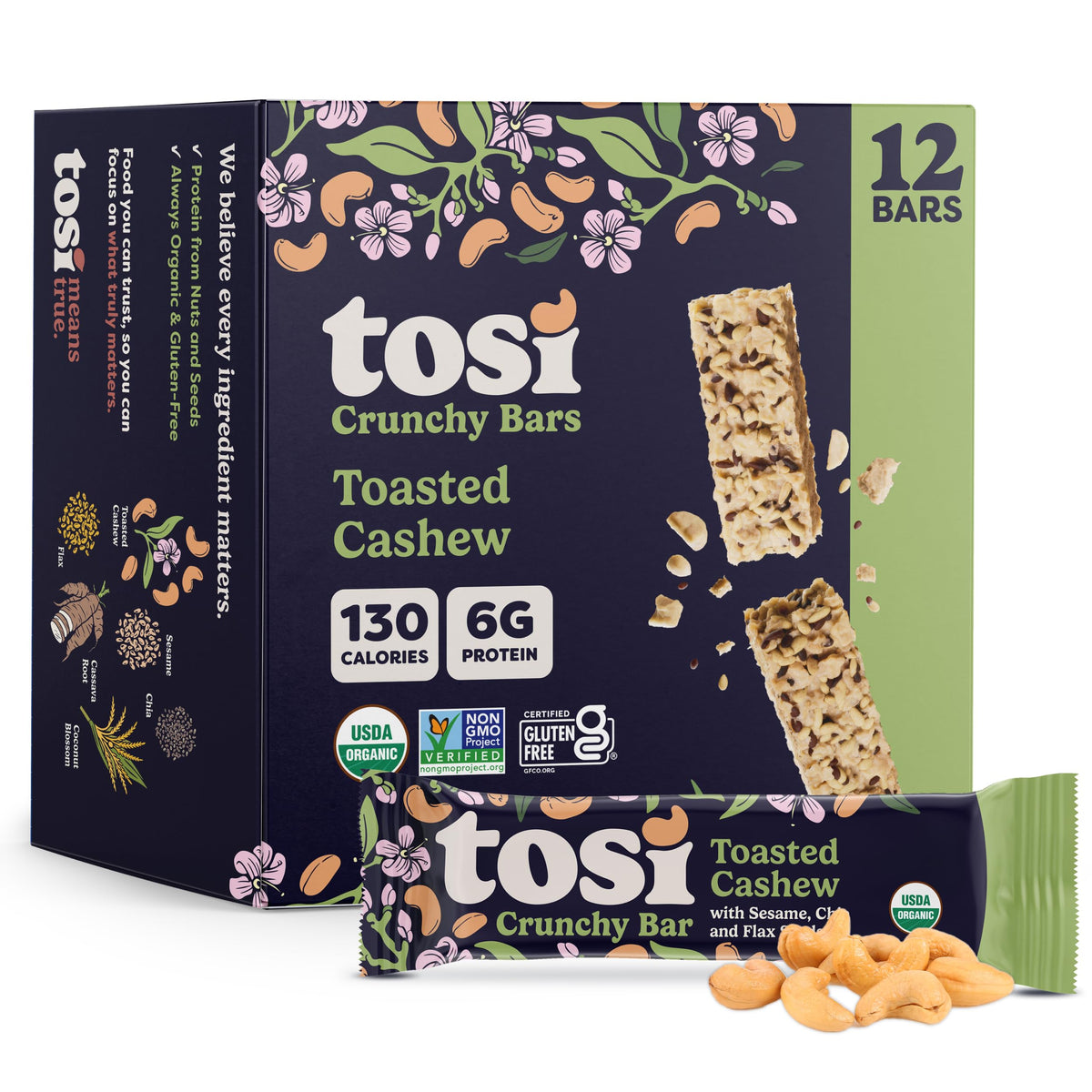 Tosi Nut Bars Cashew – Organic Plant-Based 1oz Snack | 6g Protein, Gluten Free, Vegan, Low Sugar, 12-Pack