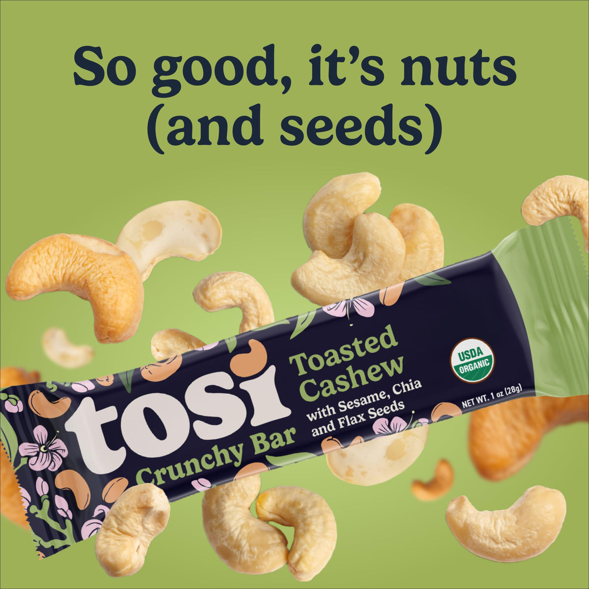 Tosi Nut Bars Cashew – Organic Plant-Based 1oz Snack | 6g Protein, Gluten Free, Vegan, Low Sugar, 12-Pack