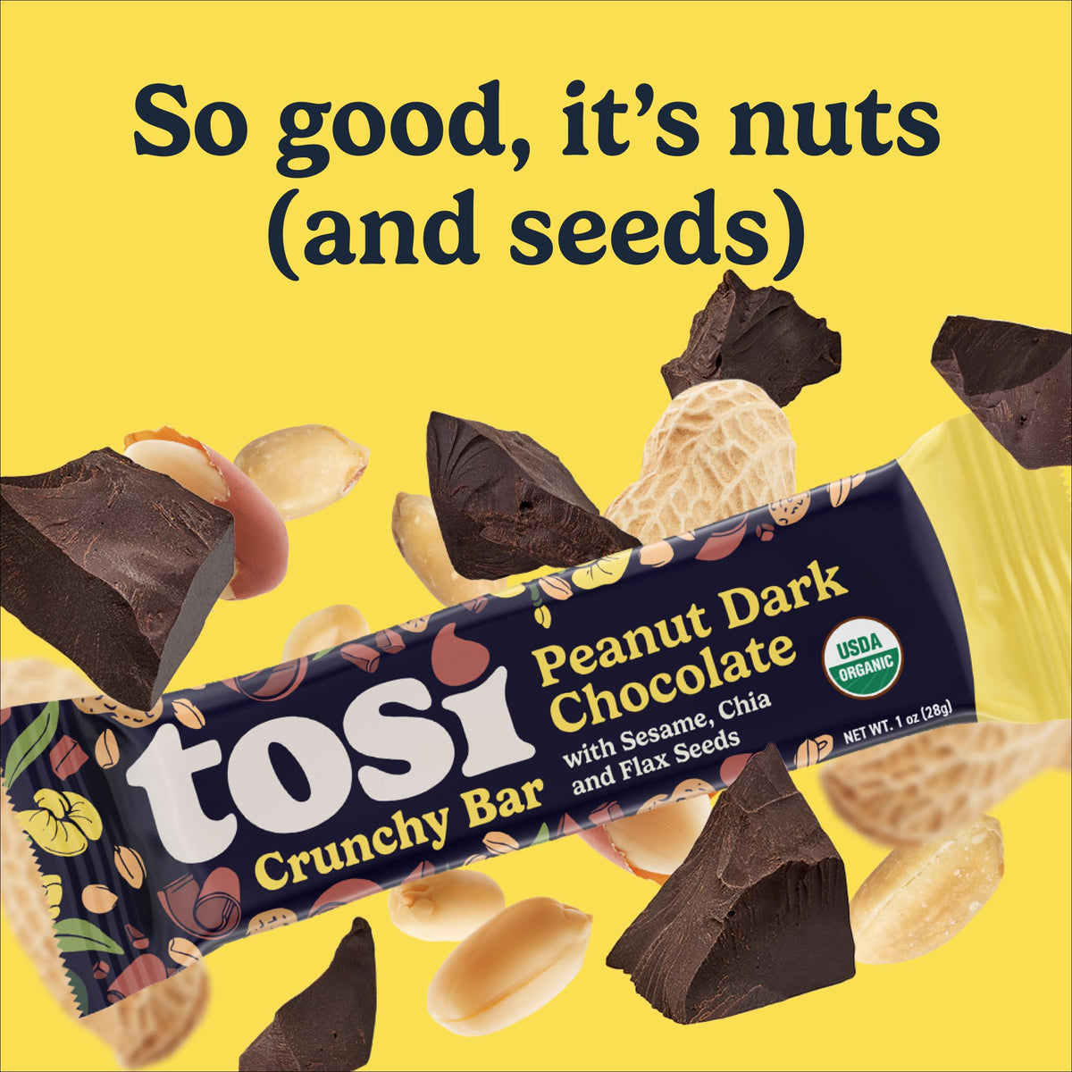 Tosi Nut Bars – Peanut Dark Chocolate, Plant-Based Organic Keto Snack, 1oz, 12-Pack