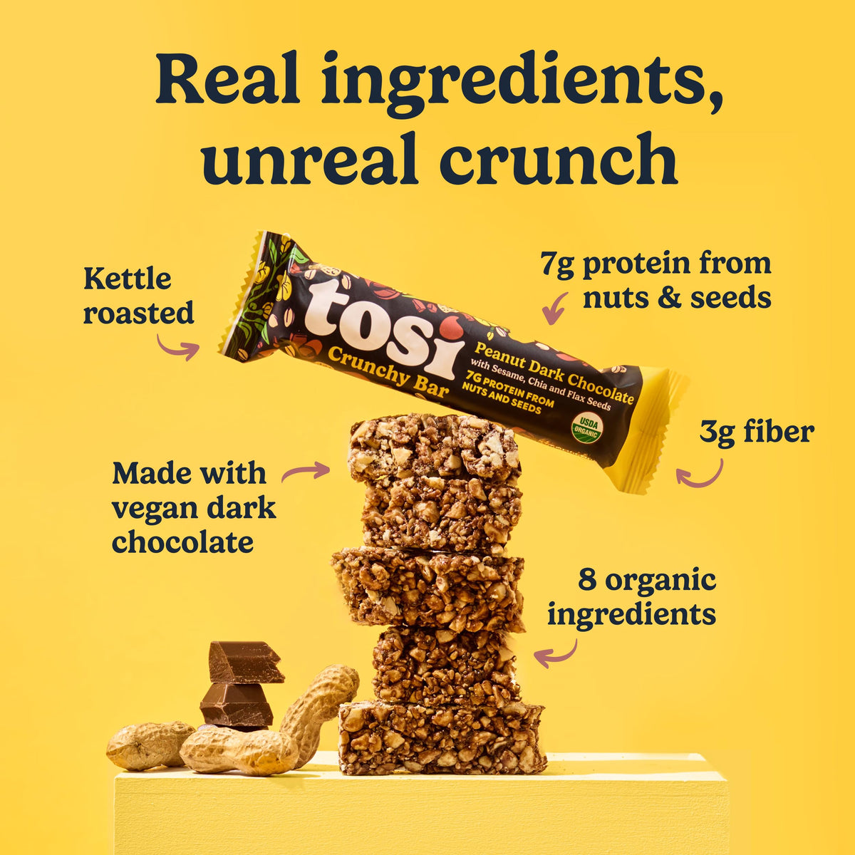 Tosi Nut Bars – Peanut Dark Chocolate, Plant-Based Organic Keto Snack, 1oz, 12-Pack