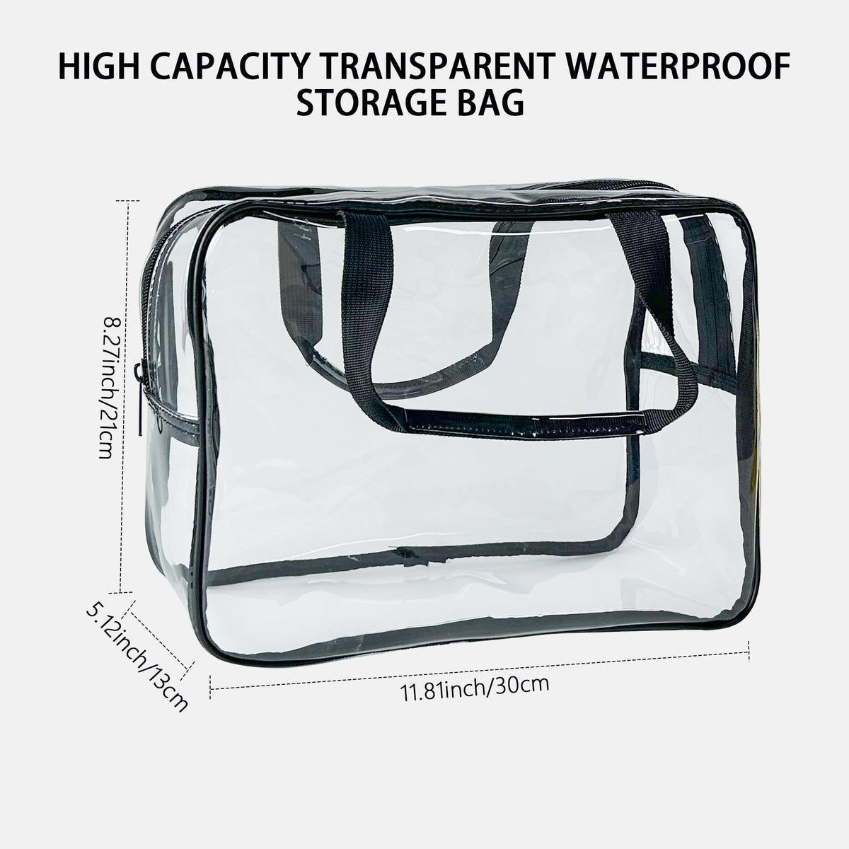 TotePrint PVC Clear Pure Color Transparent Large Zipper Cosmetic Pouch Travel Makeup Cosmetic Bag with Handle for Travel Bathroom Toiletry Organizer (Clear+Black Handle)