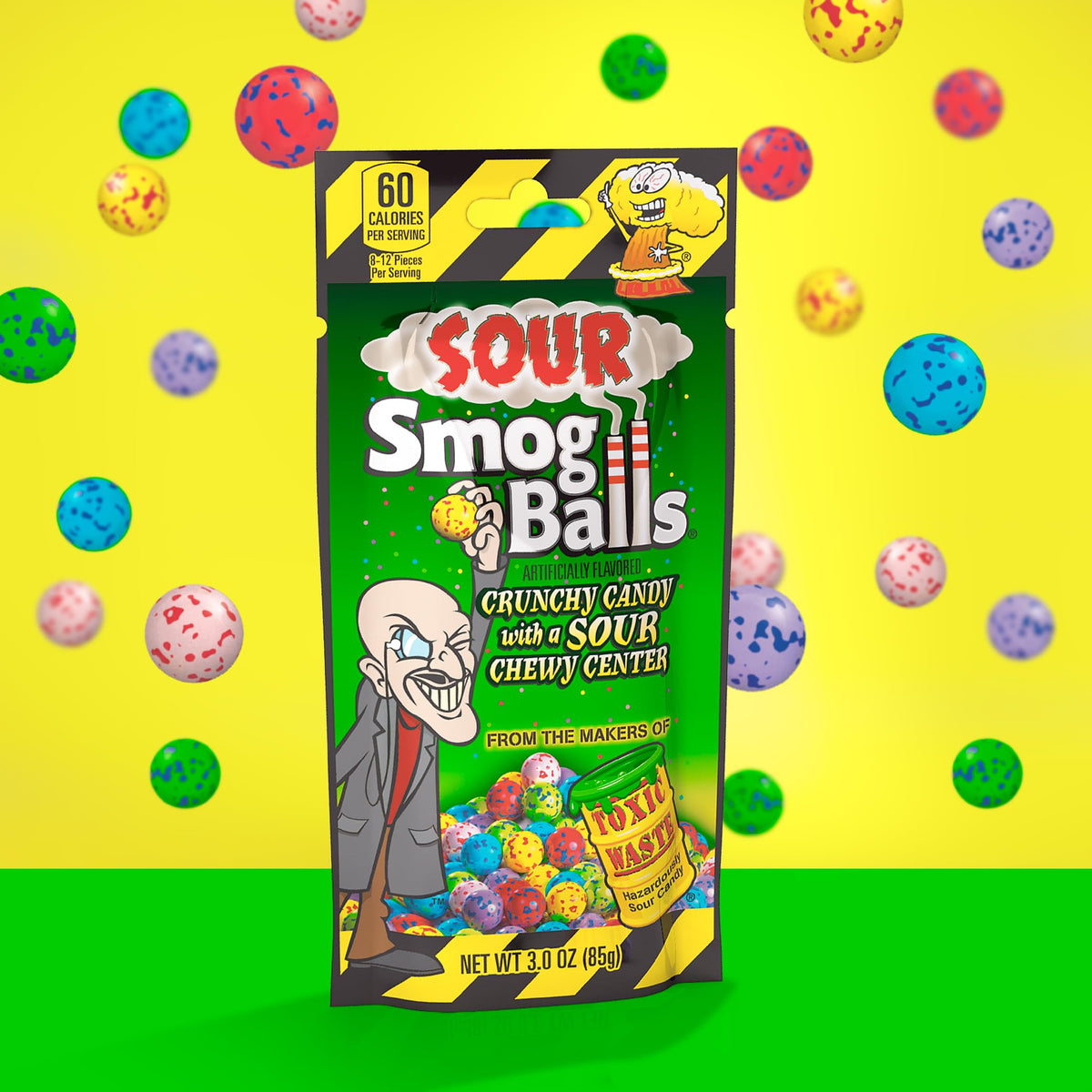 TOXIC WASTE Sour Smog Balls – Crunchy & Chewy Sour Candy, 12-Pack (Lime, Cherry, Strawberry, Lemon, Blue Raspberry, Grape)