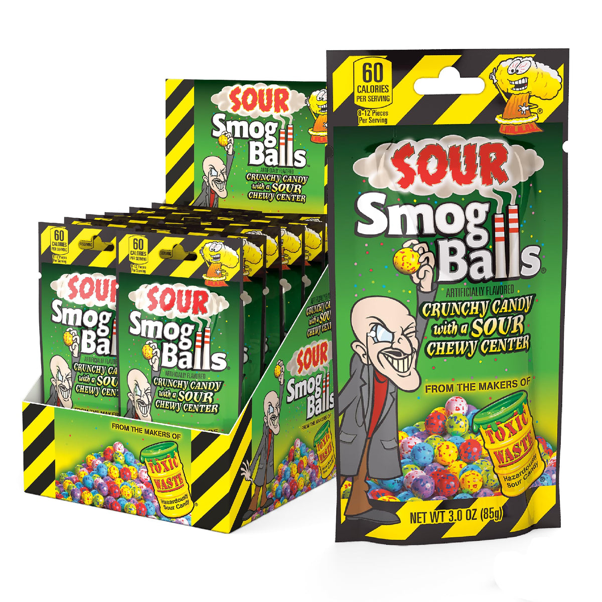 TOXIC WASTE Sour Smog Balls – Crunchy & Chewy Sour Candy, 12-Pack (Lime, Cherry, Strawberry, Lemon, Blue Raspberry, Grape)