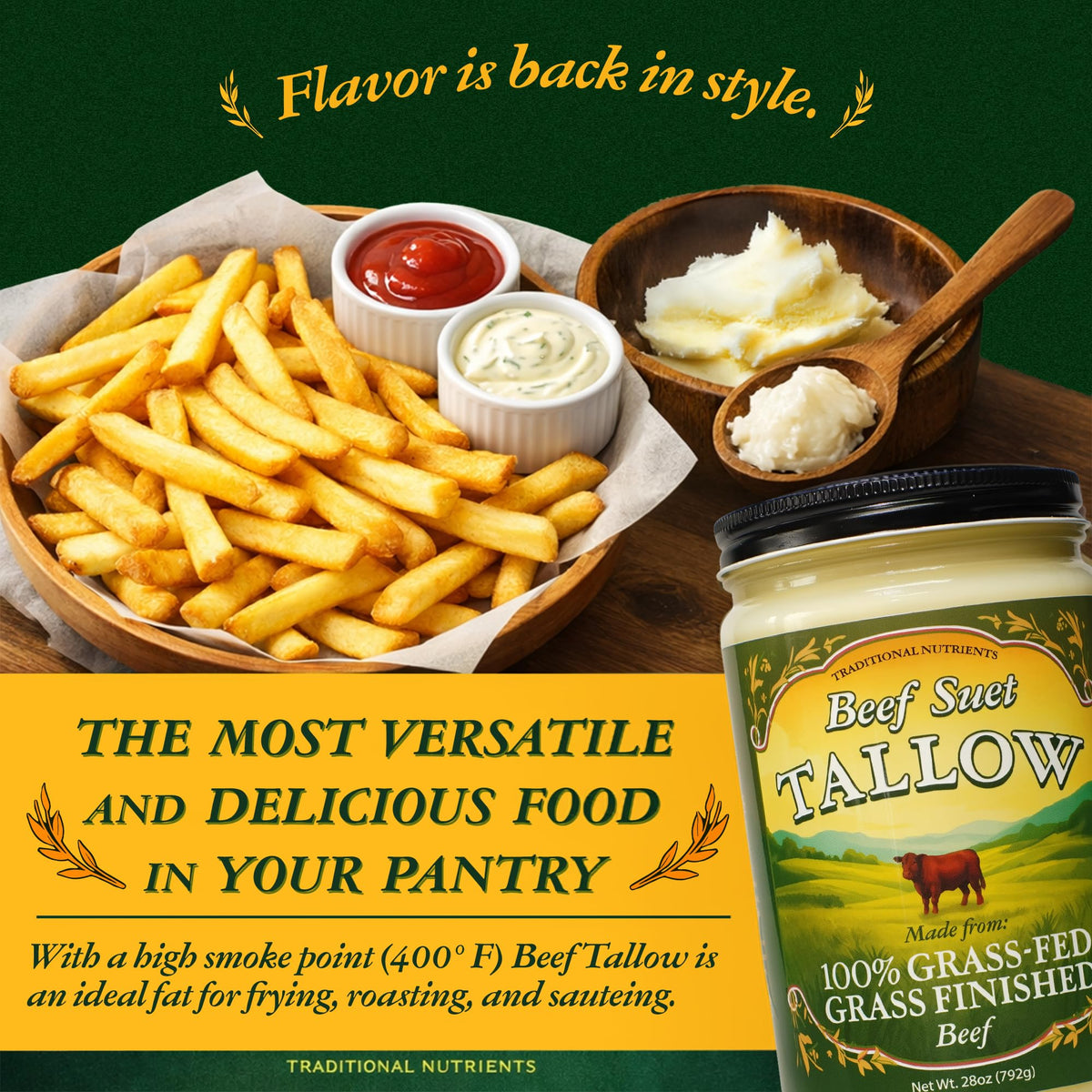 TRADITIONAL NUTRIENTS Pasture Raised Beef Tallow – Grass-Fed & Grass-Finished, 28 oz Jar
