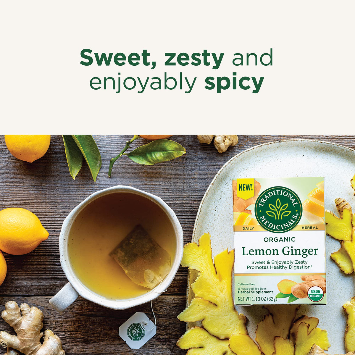 Traditional Medicinals Organic Lemon Ginger Herbal Tea – Digestive Comfort, Caffeine-Free, Kosher & Non-GMO, Compostable Tea Bags (96 Count, Pack of 6)
