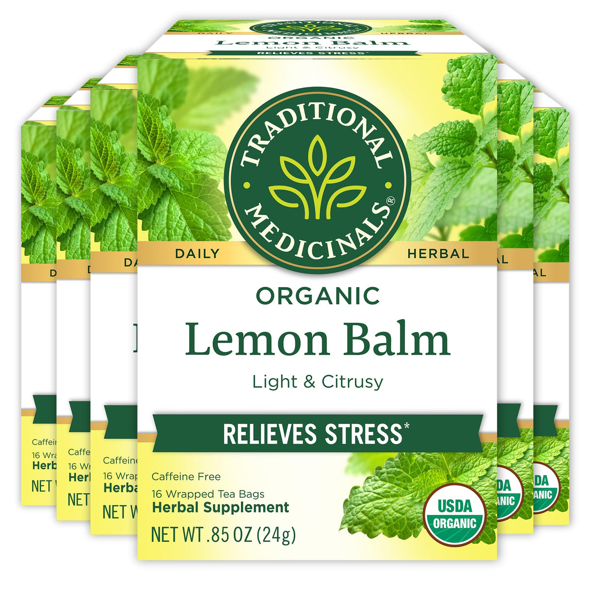 Traditional Medicinals Organic Lemon Balm Herbal Tea (6 Pack) – 96 Tea Bags Total – Stress Relief & Digestive Support