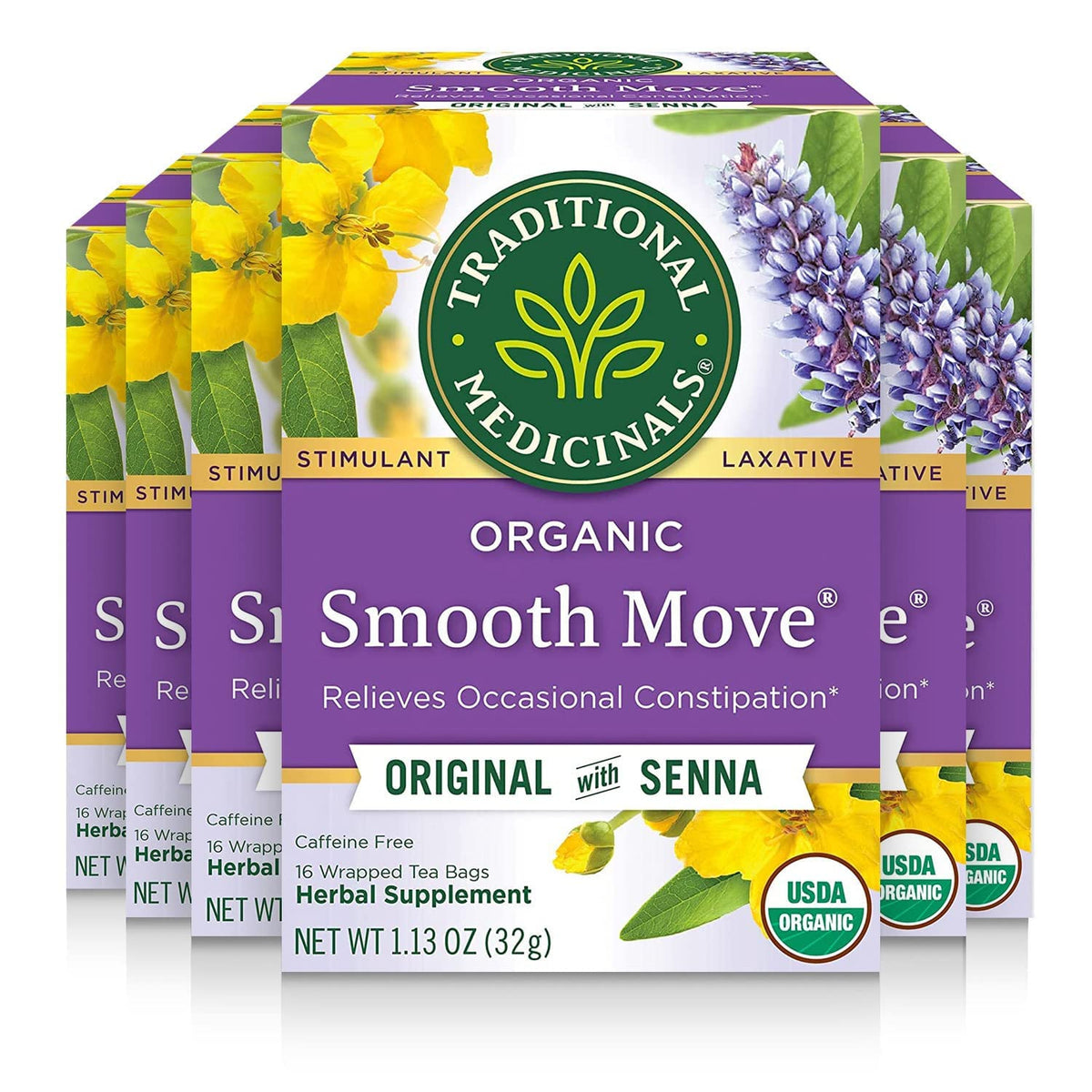 Traditional Medicinals Organic Smooth Move Tea — Gentle Overnight Relief, 96 Tea Bags (6 Pack)