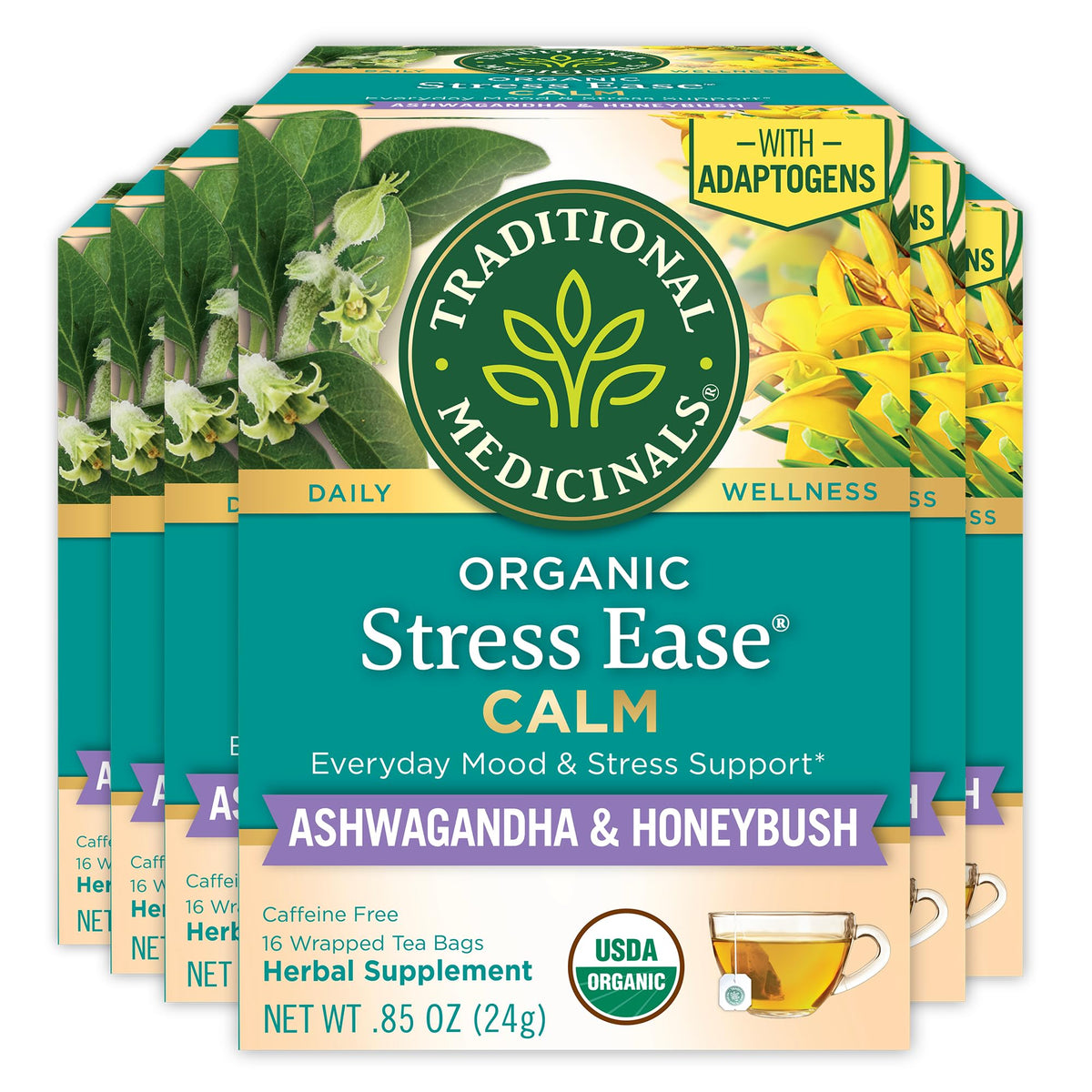 Traditional Medicinals Organic Stress Ease Calm with Adaptogens, Ashwagandha & Honeybush – Relaxation Tea, Kosher, Non-GMO, Caffeine-Free, Compostable – 96 Tea Bags (6 Packs of 16)