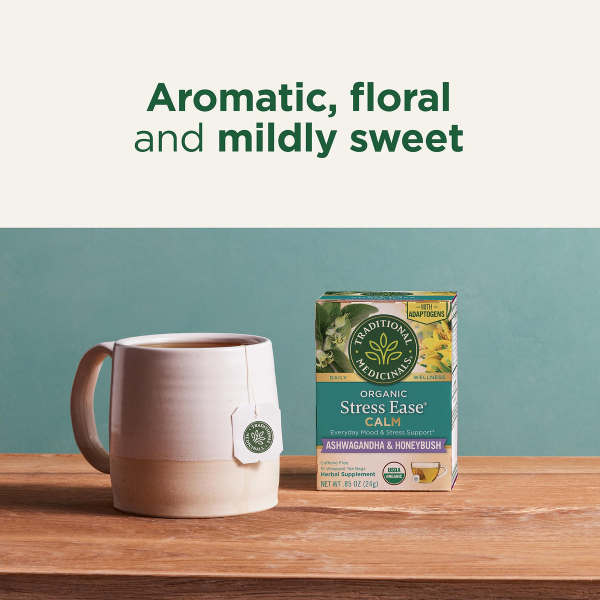 Traditional Medicinals Organic Stress Ease Calm with Adaptogens, Ashwagandha & Honeybush – Relaxation Tea, Kosher, Non-GMO, Caffeine-Free, Compostable – 96 Tea Bags (6 Packs of 16)