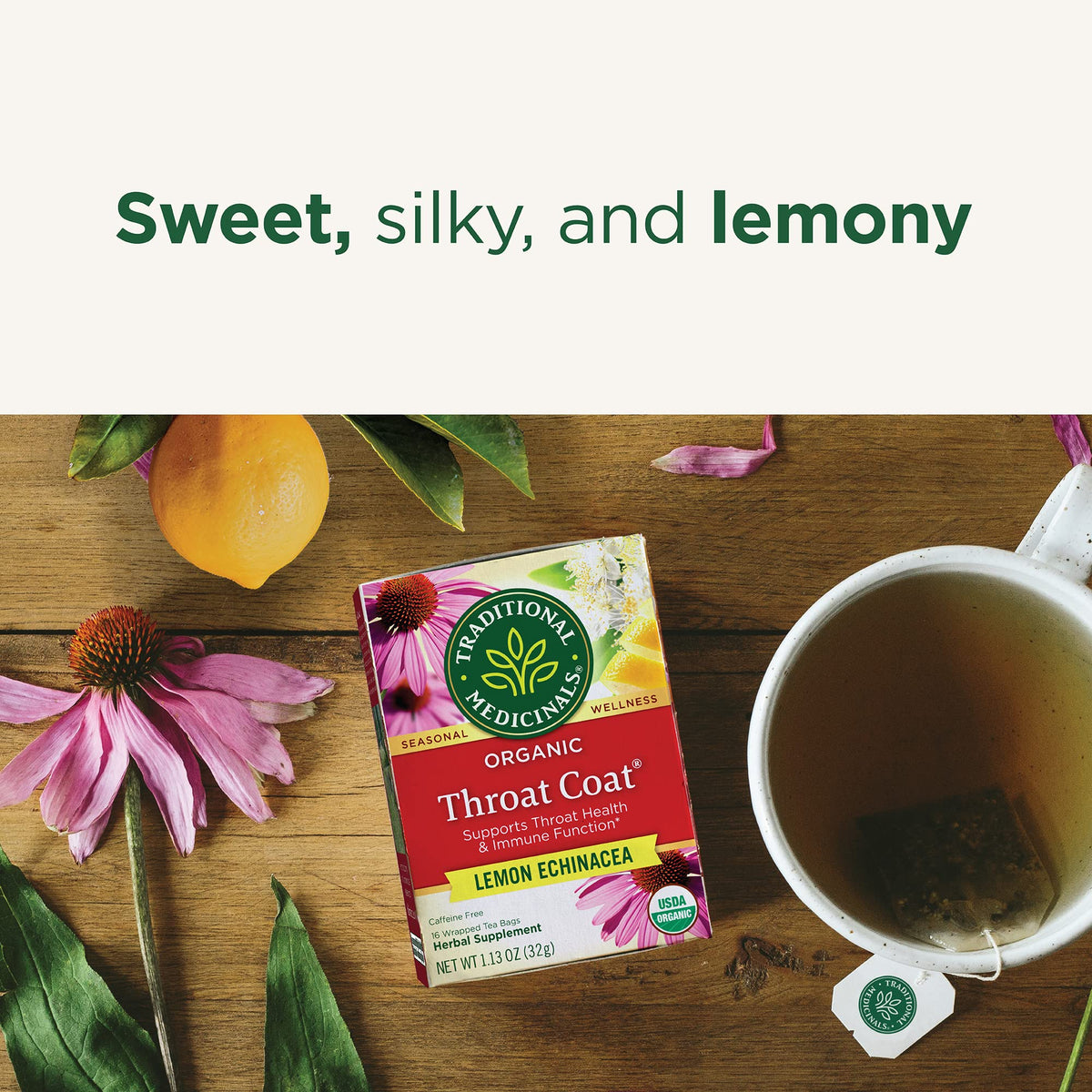 Traditional Medicinals Throat Coat Lemon Echinacea Tea – Organic, Caffeine-Free, Kosher, Non-GMO, Compostable – 96 Tea Bags (3 Pack)