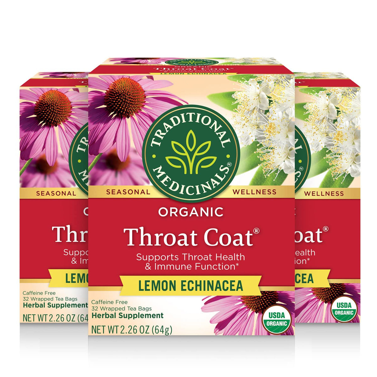 Traditional Medicinals Throat Coat Lemon Echinacea Tea – Organic, Caffeine-Free, Kosher, Non-GMO, Compostable – 96 Tea Bags (3 Pack)