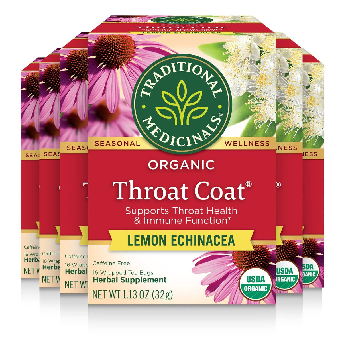 Traditional Medicinals Tea, Organic Throat Coat Lemon Echinacea, 96 Tea Bags (6 Pack)