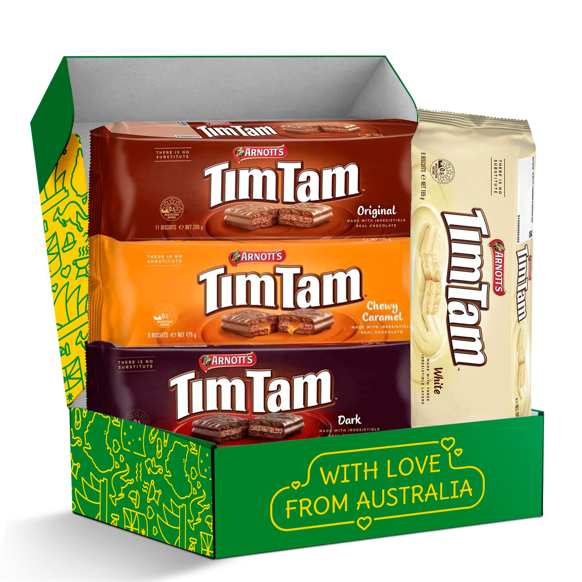 Tim Tam Cookies Gift Box – 4-Pack Australian Treats with Original, Double Chocolate & Salted Caramel Flavors | Treats from Home