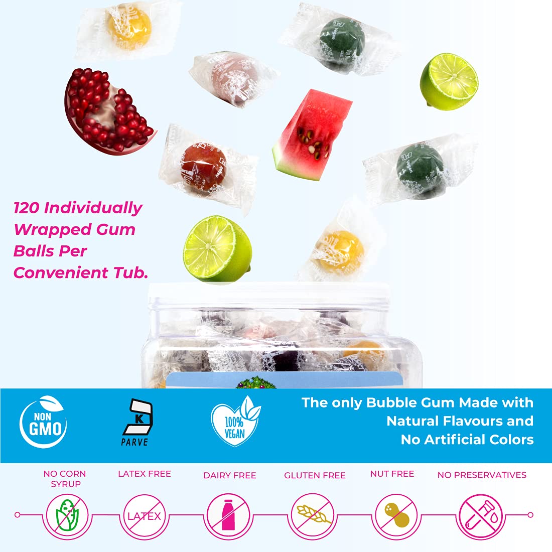 Tree Hugger Bubble Gum - Fantastic Fruit, Natural Flavors, No Artificial Colors, 120 Count Tub