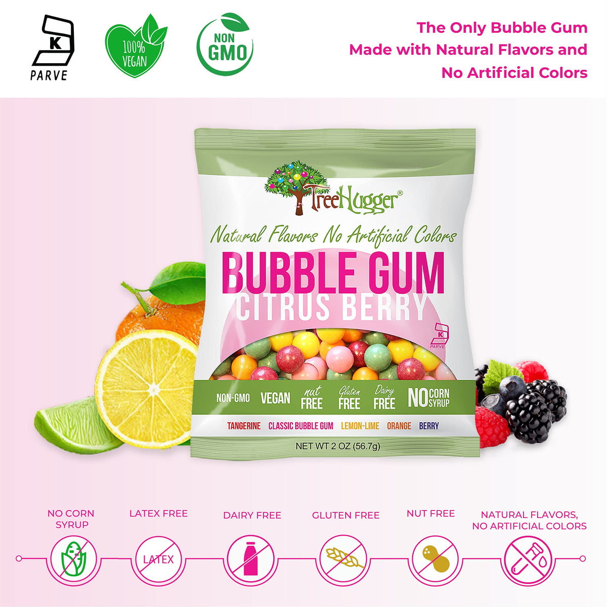 Tree Hugger Bubble Gum Citrus Berry — Natural Flavors, No Artificial Colors, 2 oz Pack of 12