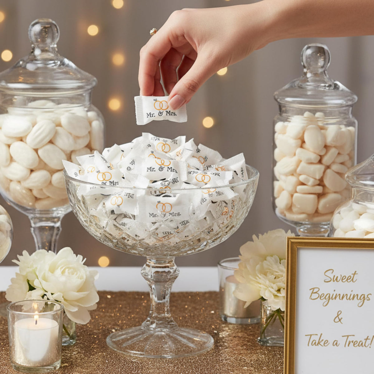Tree Treasures 216ct Mr. and Mrs. Wedding Buttermints – Individually Wrapped White Butter Mints for Bridal Showers, Receptions & Bulk Candies