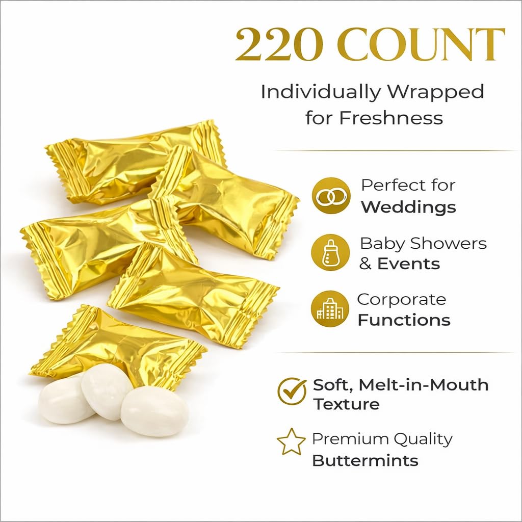 Tree Treasures 220ct Gold Wrapped Buttermints – Individually Wrapped Butter Mints Bulk for Weddings, Showers, and Events
