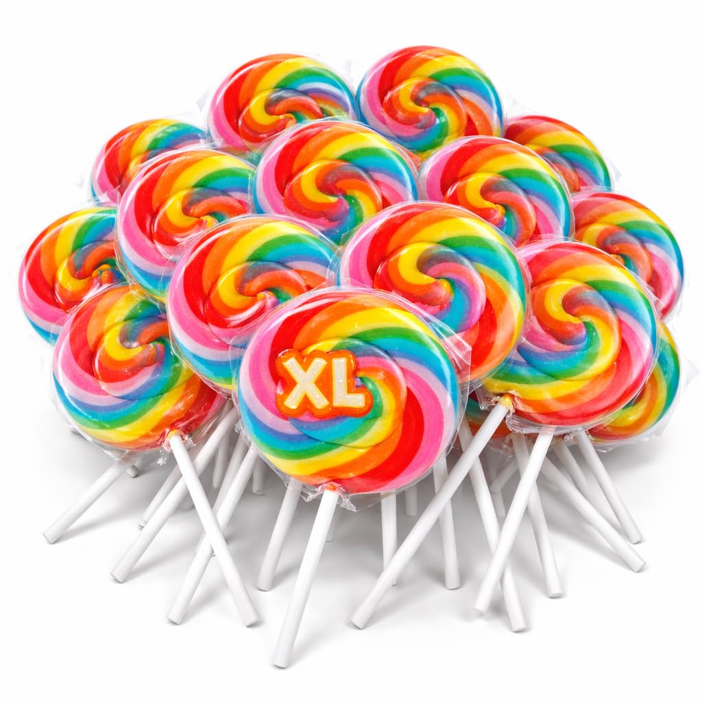 Tree Treasures 24pk Jumbo Rainbow Swirl Lollipops – Extra Large 2.75-inch Suckers on Sticks