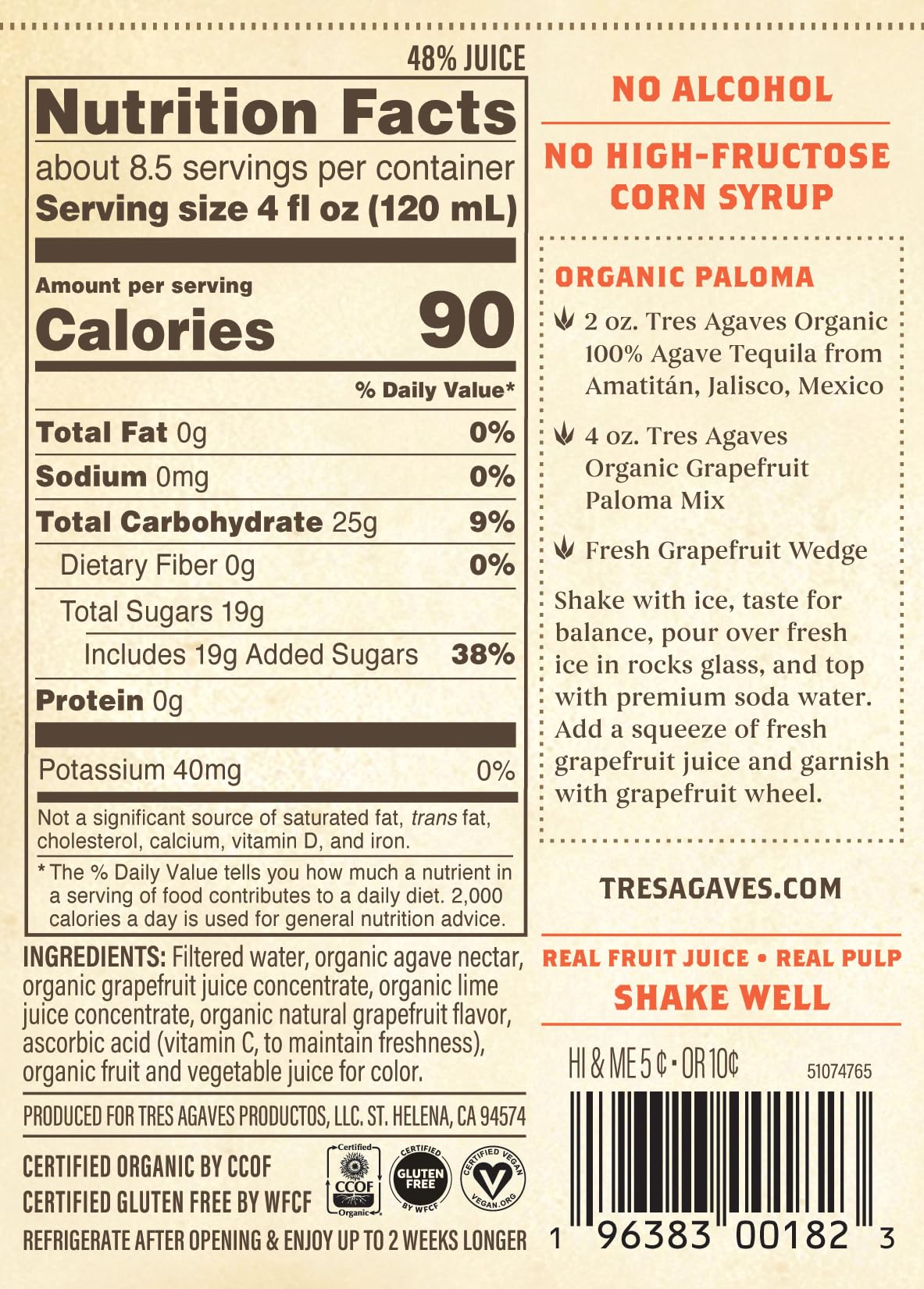 Tres Agaves Organic Grapefruit Paloma Mix – Real Grapefruit & Lime, 90 Calories/Serving, Vegan & Gluten-Free (2-Pack)