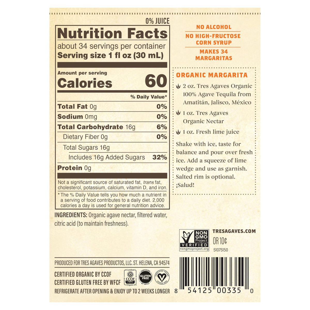 Tres Agaves Organic Agave Nectar – 2 x 750mL, 60 Cal/Serving, Vegan & Gluten-Free