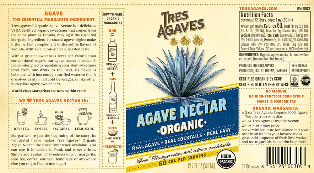Tres Agaves Organic Agave Nectar – 2 x 750mL, 60 Cal/Serving, Vegan & Gluten-Free