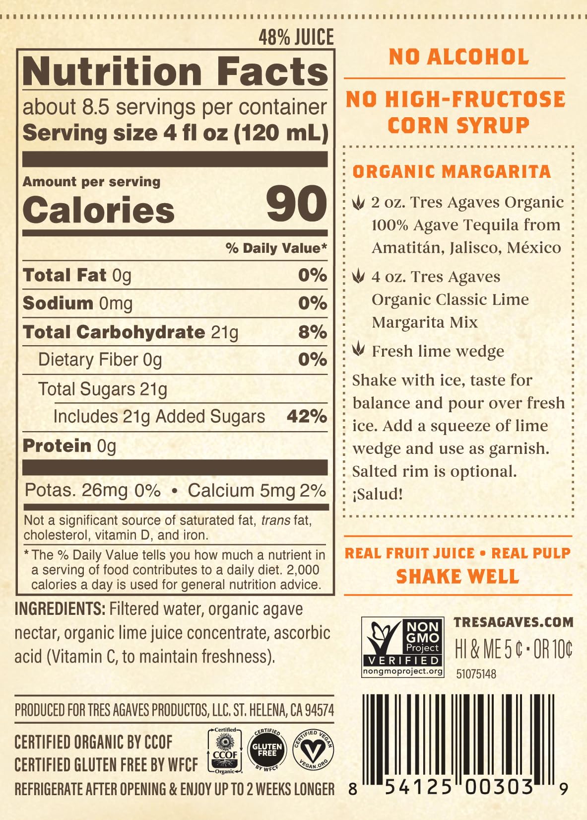 Tres Agaves Organic Lime Margarita Mix – Award-Winning 90-Point Cocktail Mixer (2-Pack, 750ml)
