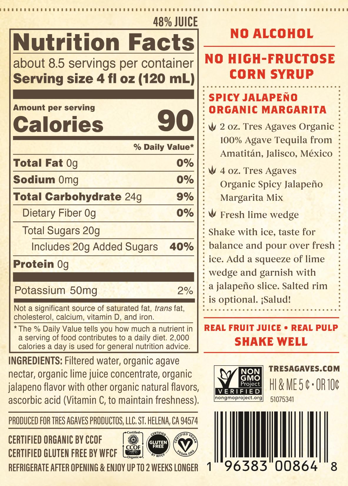 Tres Agaves Organic Spicy Jalapeño Margarita Mix – 90 Calories per Serving, Vegan & Gluten-Free – 750ml (2 Pack)
