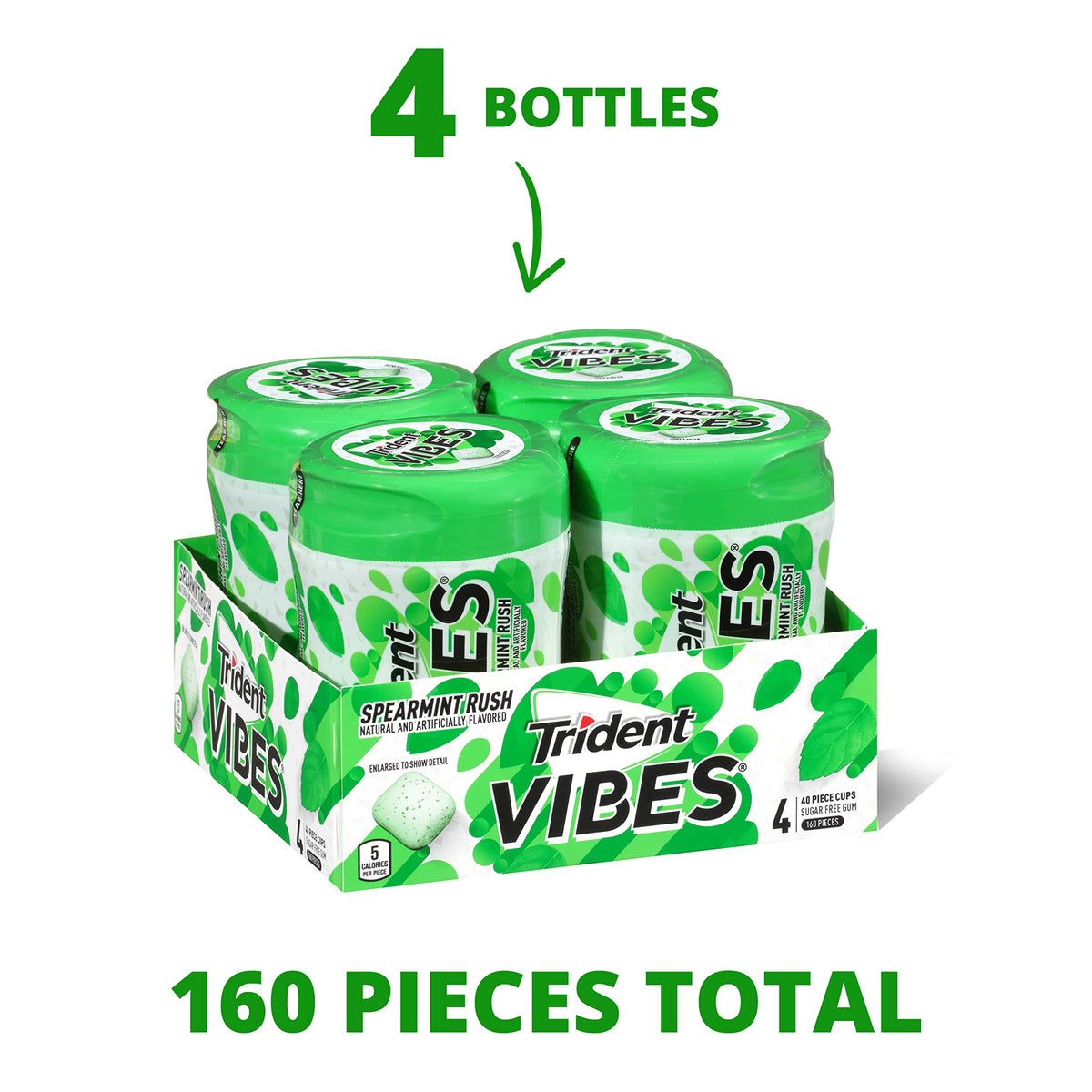 Trident Vibes Spearmint Rush Sugar-Free Gum – 160 Pieces in 4 Bottles
