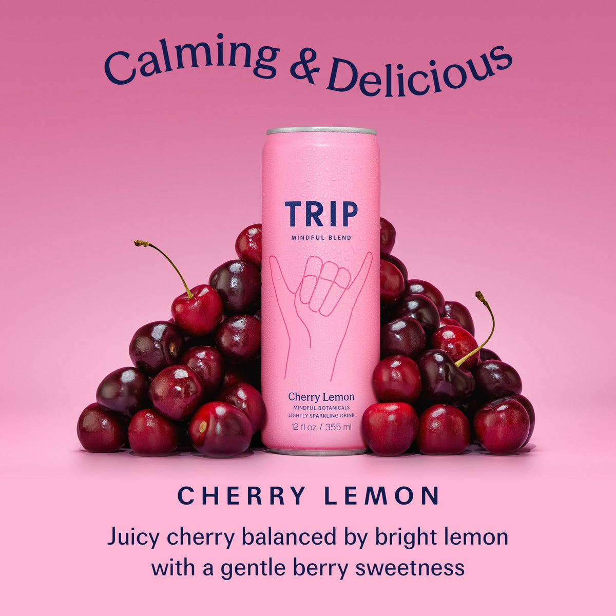 TRIP Lightly Sparkling Adaptogen Drink – Cherry Lemon | Magnesium, Ashwagandha, Lions Mane & L-Theanine, 0% ABV, 25 Calories, 12 oz, 12-Pack