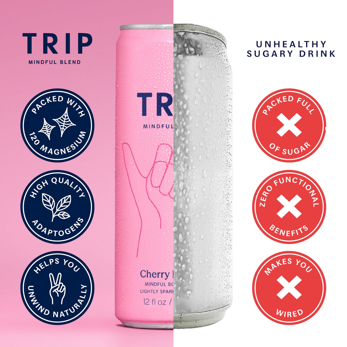 TRIP Lightly Sparkling Adaptogen Drink – Cherry Lemon | Magnesium, Ashwagandha, Lions Mane & L-Theanine, 0% ABV, 25 Calories, 12 oz, 12-Pack