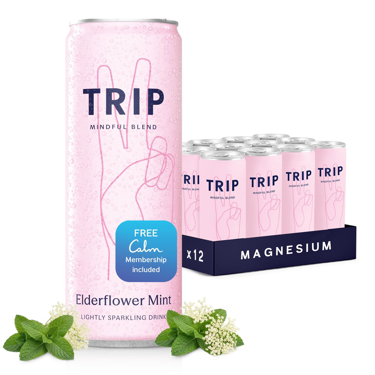 TRIP Lightly Sparkling Adaptogen Drink – 12 oz, 12 Pack | Elderflower Mint, No Added Sugar