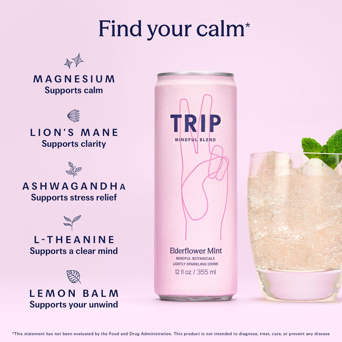 TRIP Lightly Sparkling Adaptogen Drink – 12 oz, 12 Pack | Elderflower Mint, No Added Sugar