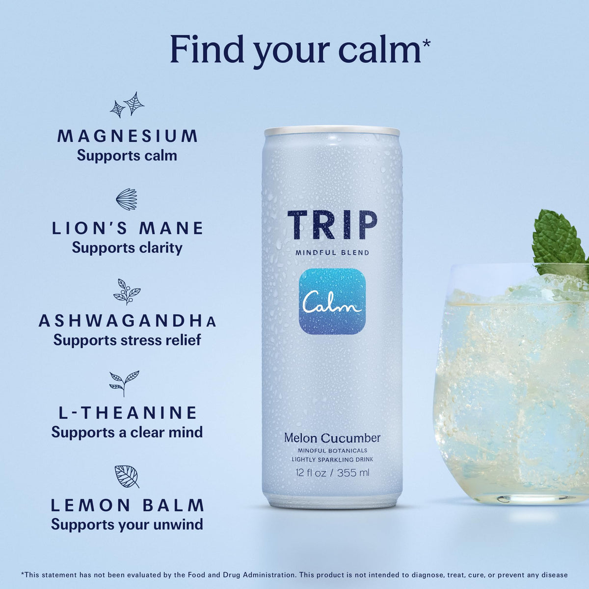 TRIP Lightly Sparkling Adaptogen Drink – Melon Cucumber, 0% ABV, 25 Cal, 12oz Can (12pk)