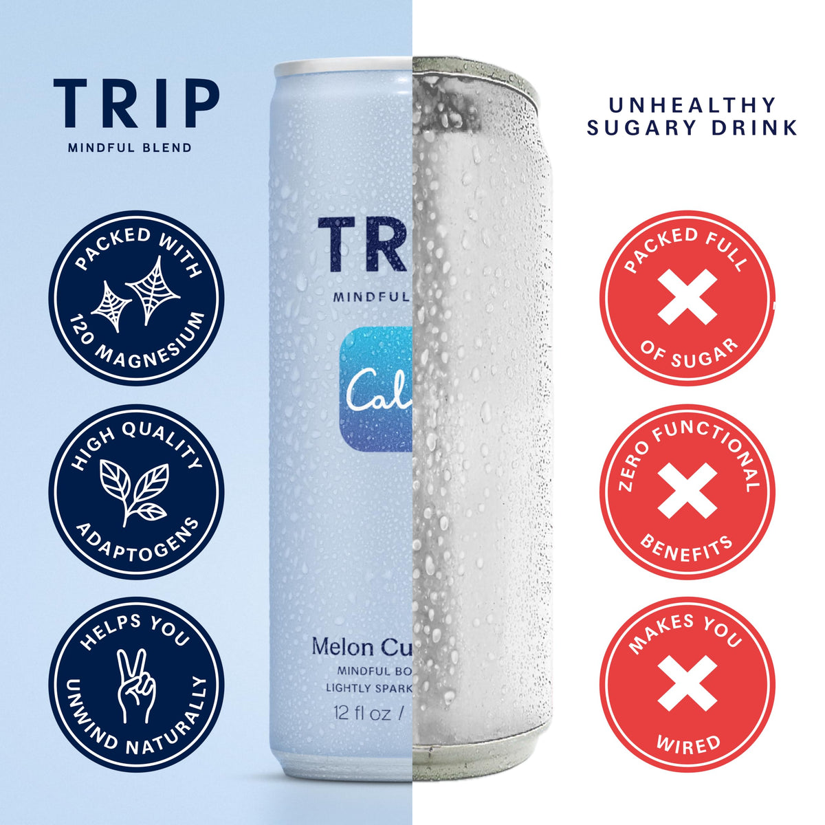 TRIP Lightly Sparkling Adaptogen Drink – Melon Cucumber, 0% ABV, 25 Cal, 12oz Can (12pk)