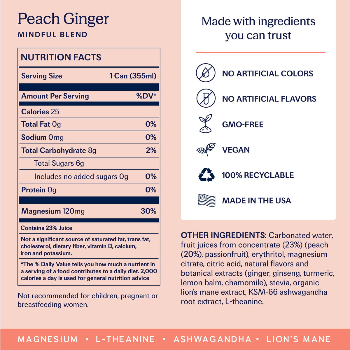 TRIP Lightly Sparkling Adaptogen Drink – Peach Ginger, No Added Sugar, 12 oz Can (12-Pack)