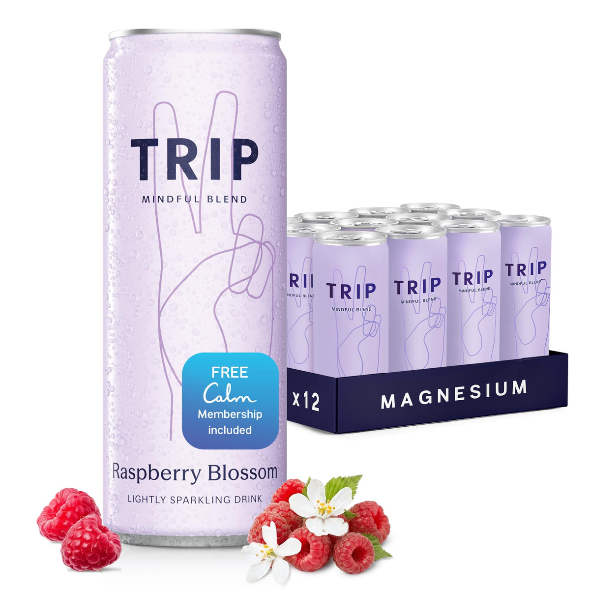 TRIP Lightly Sparkling Adaptogen Drink – Raspberry Blossom, No Added Sugar, Vegan, 12 oz, 12 Pack
