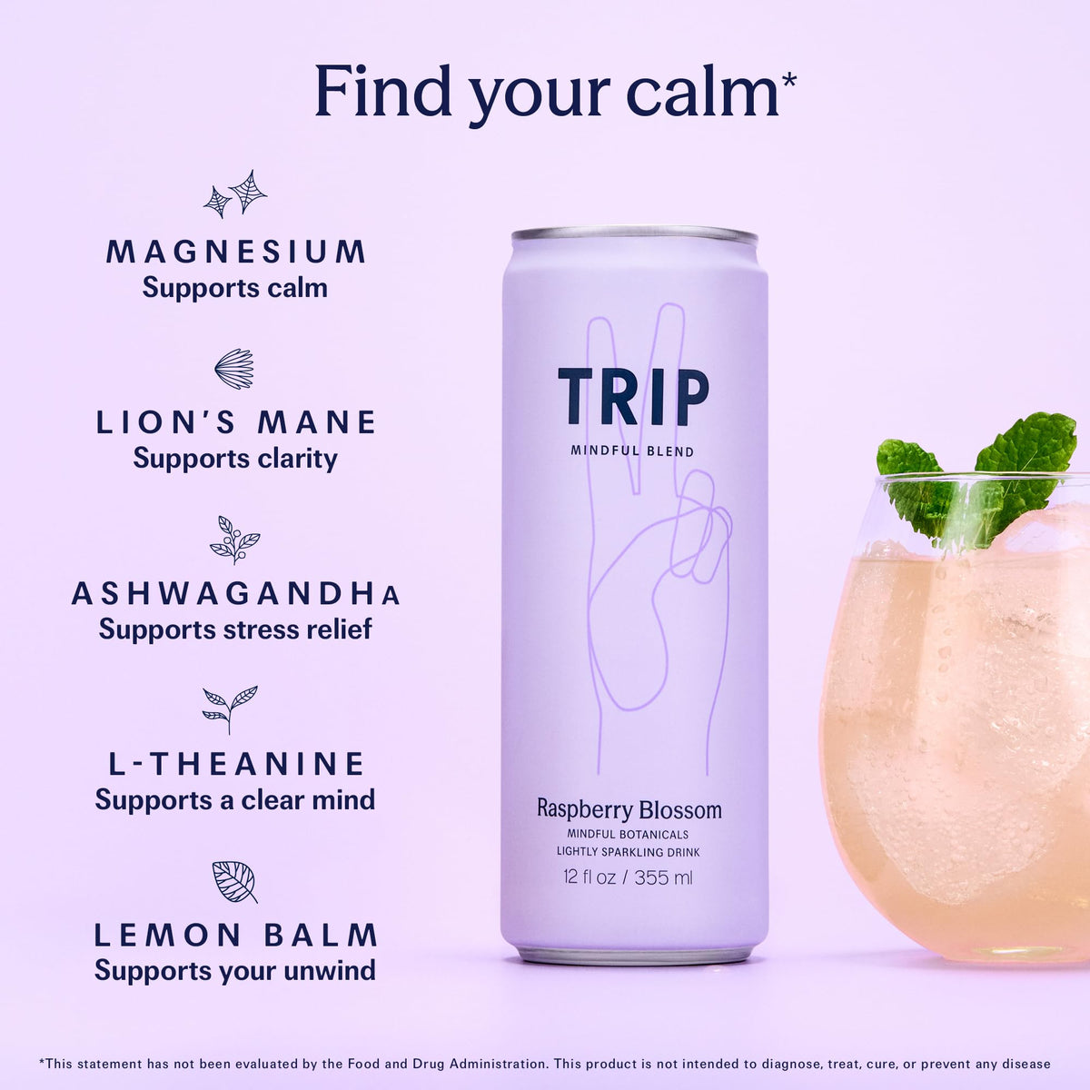 TRIP Lightly Sparkling Adaptogen Drink – Raspberry Blossom, No Added Sugar, Vegan, 12 oz, 12 Pack